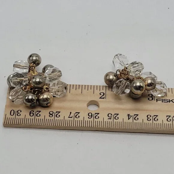 Vintage Cluster Clip-On Earrings With Clear Faceted Beads & Silver-Tone Balls - Picture 3 of 11
